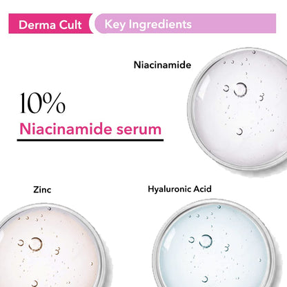 O3+ Derma Cult 10% Niacinamide Face Serum for Acne Marks, Blemishes & Oil Balancing Zinc & Herbs | Skin Clarifying Anti Natural Acne Serum for Oily & Acne Prone Skin | 30ml