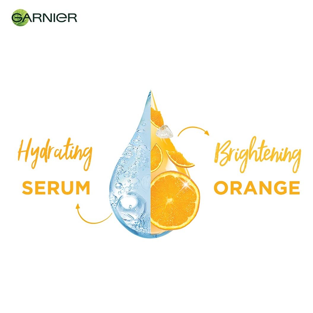 Garnier serum droplet with orange slices on a white background
