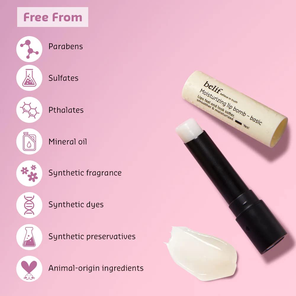 Lip balm with 'belif' branding on a pink background, featuring ingredient-free claims.