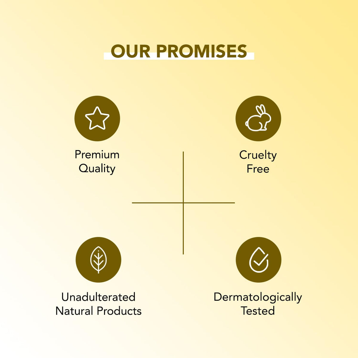 Promises of premium quality, cruelty free, unadulterated natural products, and dermatologically tested on a yellow background.