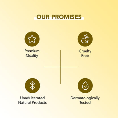 Promises of premium quality, cruelty free, unadulterated natural products, and dermatologically tested on a yellow background.