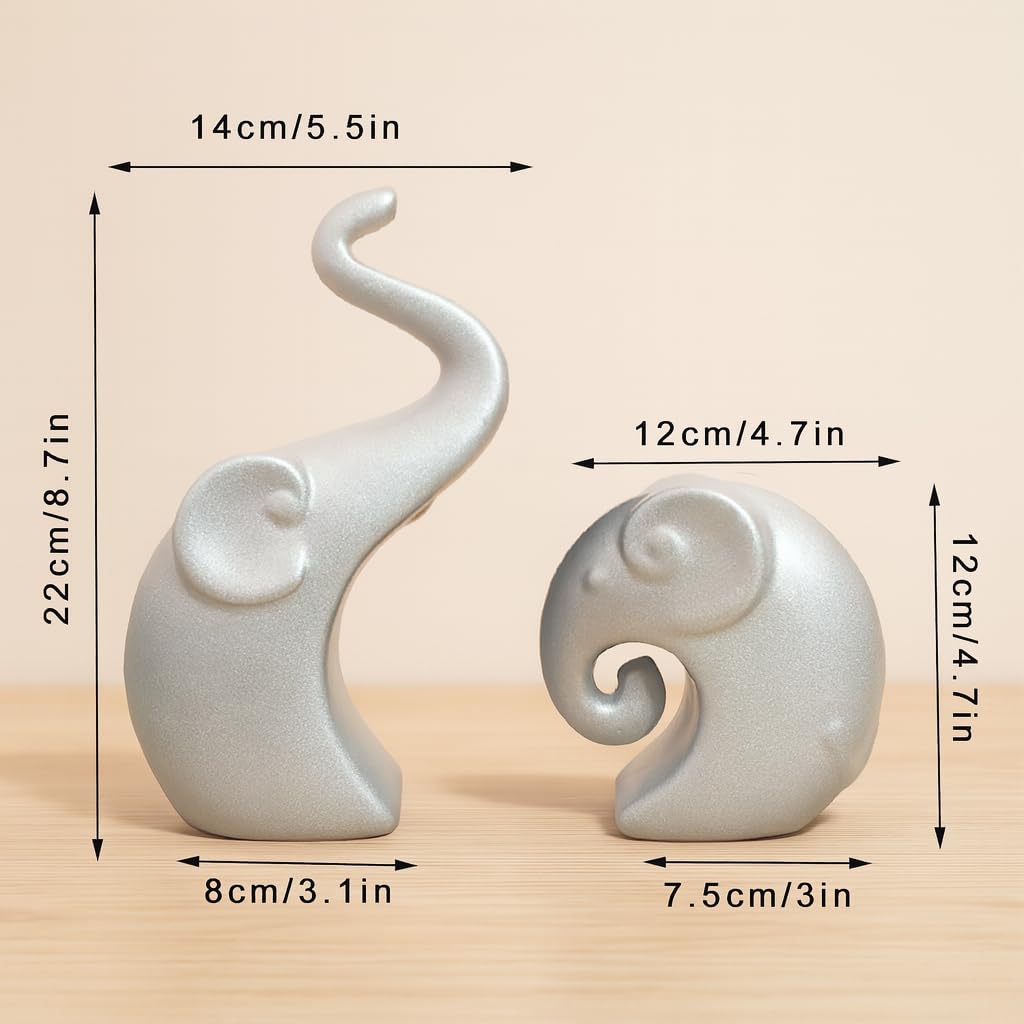 Muted Metallic Matte Silver Home Decor Elephant Couple Ceramic Figurines | Launched for the First time in India - (Set of 2, Silver)