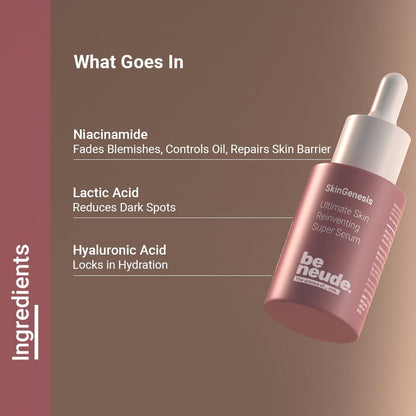 Be Neude SkinGenesis 30ml All in One Face Serum with 12% Actives – Lactic Acid, Niacinamide & Hyaluronic Acid; Reduces Dark Spots, Fine Lines, Protects Skin Barrier, For Men & Women, All Skin Types