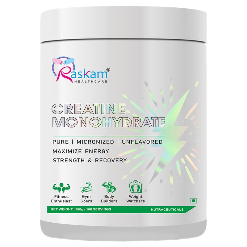 Container of Raskam Creatine Monohydrate powder on a white background