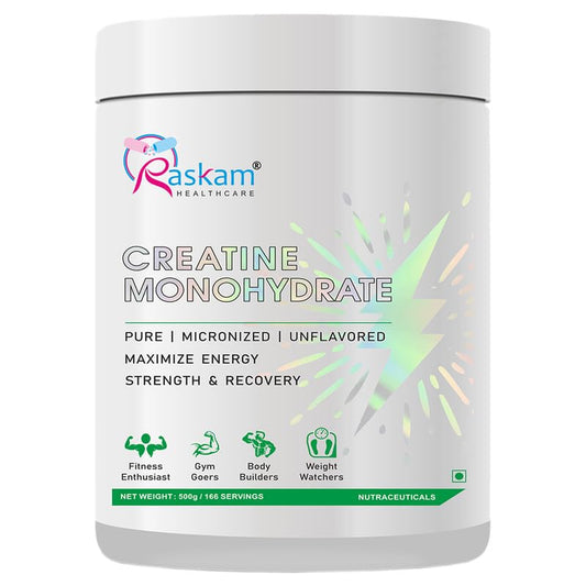 Container of Raskam Creatine Monohydrate powder on a white background