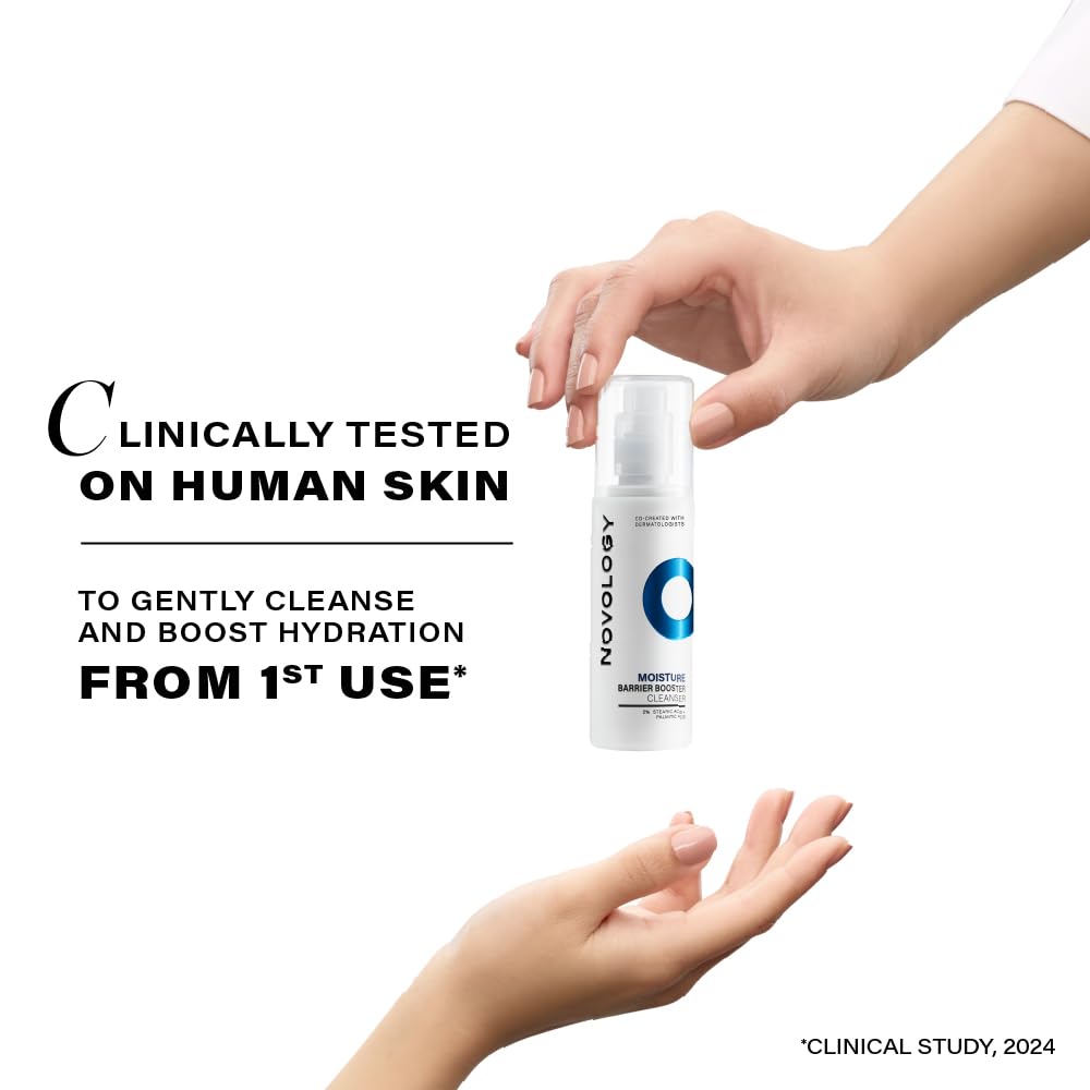 Hand holding a skincare product with text about clinical testing on human skin.