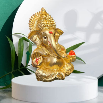 Gold Art India Gold Plated Satin Ganesha/Vinayaka/Vinayagar/Pillayar Idol - Versatile Car Dashboard and Home/Office Decor (MUKUTSATINGOLD 3.5")