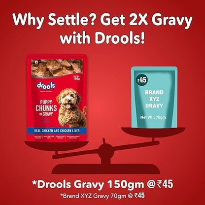Drools Puppy Wet Dog Food 0.9kg (150g x 6 Packs) | Real Chicken & Chicken Liver Chunks in Gravy | Better Digestibility & Overall Health | Supports Healthy Skin & Coat | Maintains Joint Health