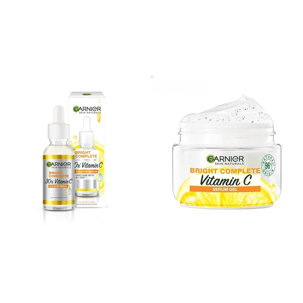 Garnier Bright Complete Vitamin C skincare products on a white background