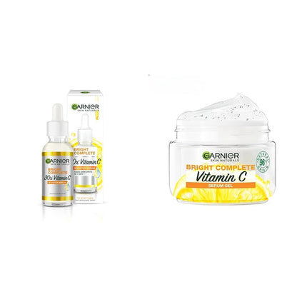 Garnier Bright Complete Vitamin C skincare products on a white background