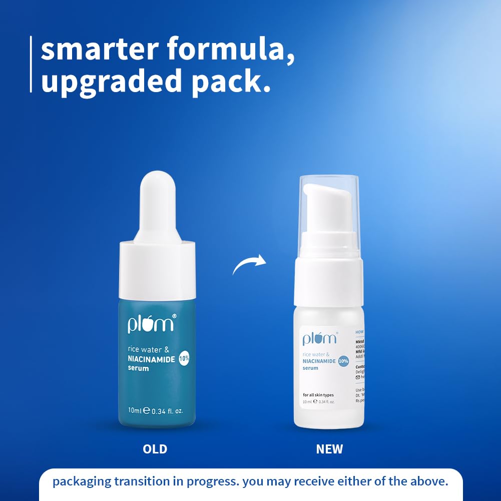 Plum 10% Niacinamide Serum with Rice Water | Provides Clear, Glowing & Brightening Skin | for Acne Prone, Combination, Oily & Sensitive Skin | Oil Control & Anti Acne Face Serum for Women & Men | 10ml