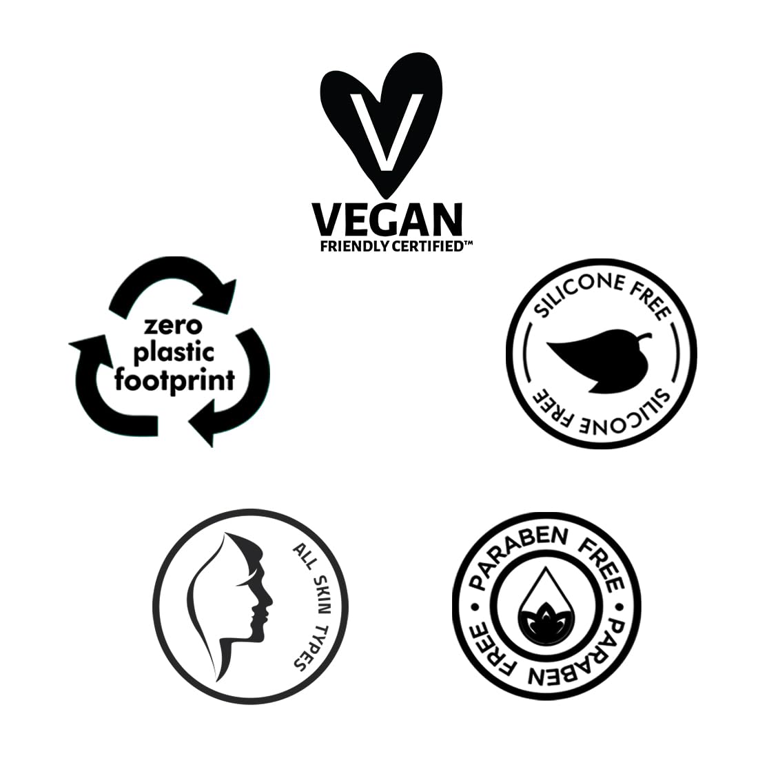 Set of black and white certification logos on a white background