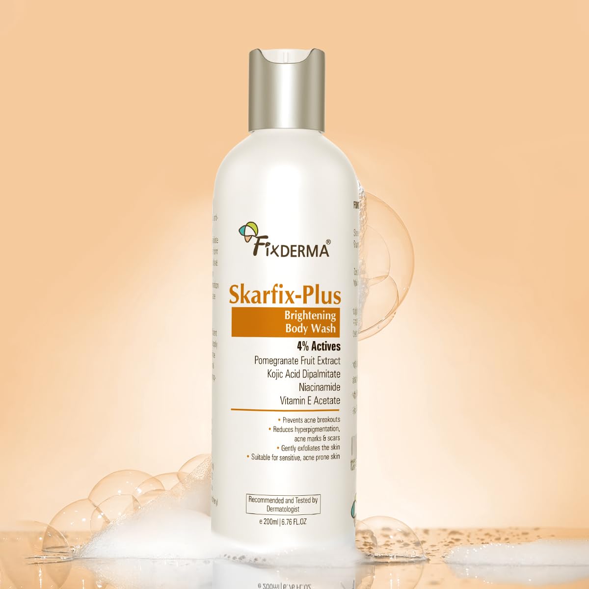Fixderma Skarfix Plus Brightening Body Wash with 4% Actives (Kojic Acid, Niacinamide Acid, & Vitamin E) | Skin Brightening Body Wash Shower Gel Women & Men | For Hyperpigmentation & Acne Marks - 200ml