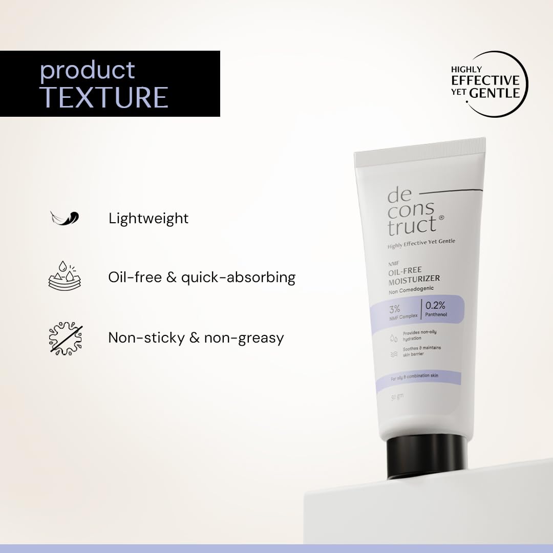 Tube of de construct moisturizer with product texture features on a light background