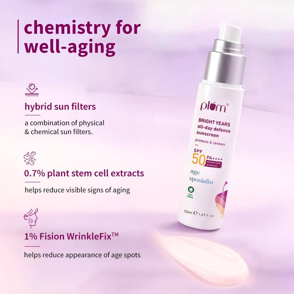 Plum Bright Years All Day Defence Cream SPF 50 PA+++| Sun Protection | For Ageing Skin | 100% Vegan, Cruelty Free | 50ml