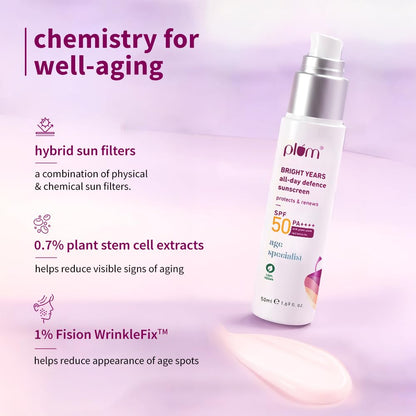 Plum Bright Years All Day Defence Cream SPF 50 PA+++| Sun Protection | For Ageing Skin | 100% Vegan, Cruelty Free | 50ml