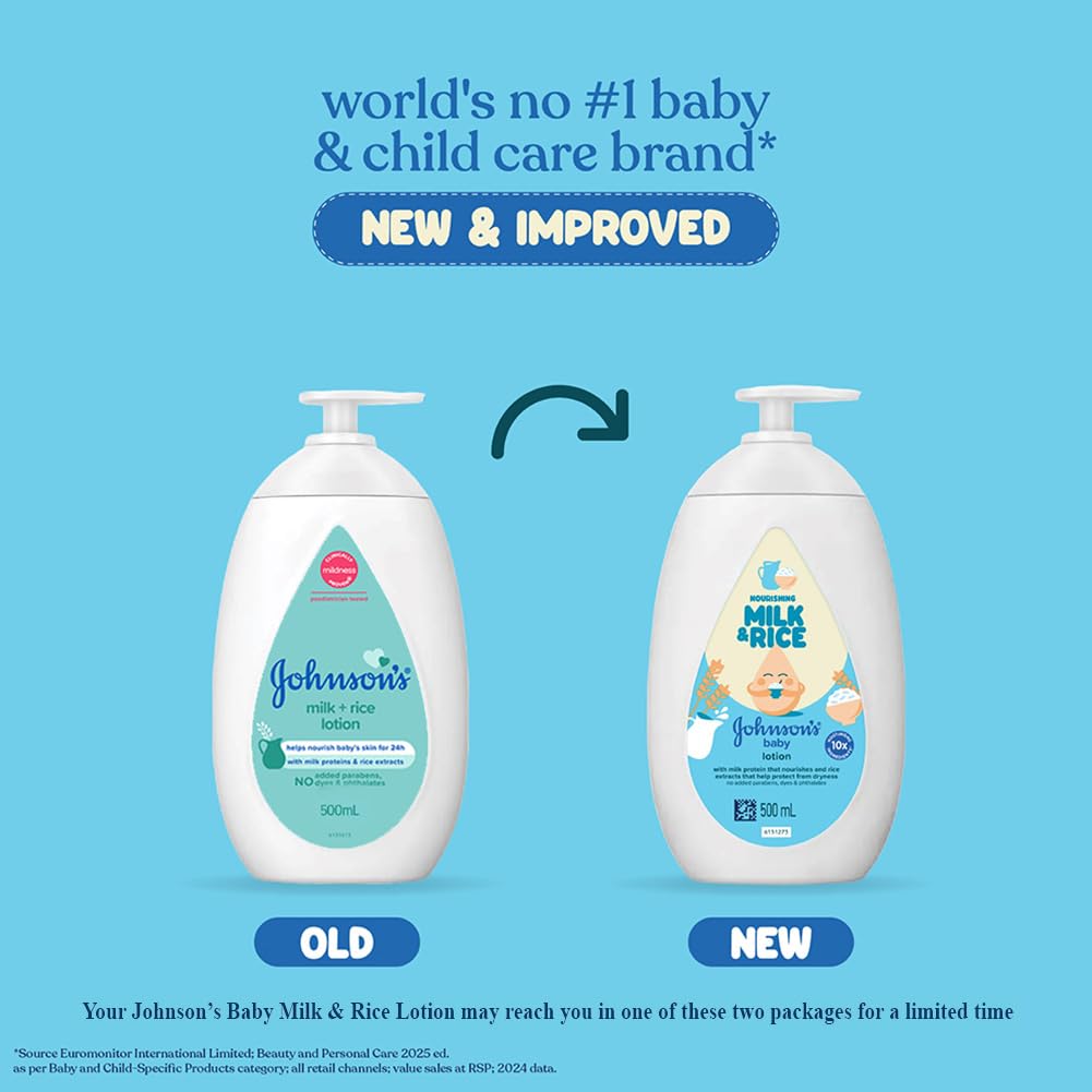 Johnson's Baby Milk & Rice Lotion 500ml | Moisturizes & Nourishes Sensitive Skin | With Milk Protein, Rice Extracts & Multivitamin Complex | Hypoallergenic, pH Balanced | No Parabens or Sulphates