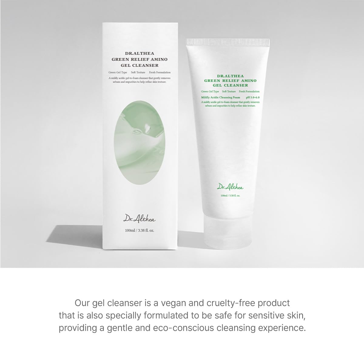 Dr. Alfthea Green Relief Amino Gel Cleanser packaging on a gray background