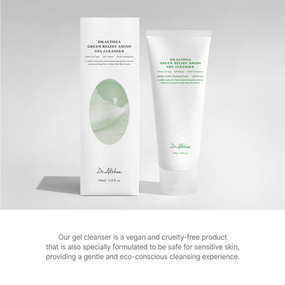Dr. Alfthea Green Relief Amino Gel Cleanser packaging on a gray background