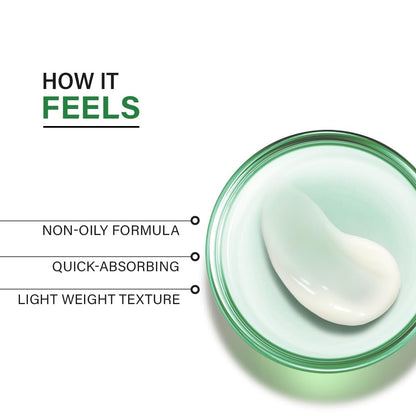 Jar of cream with a scoop taken out, labeled 'How it feels' with text about formula and texture.