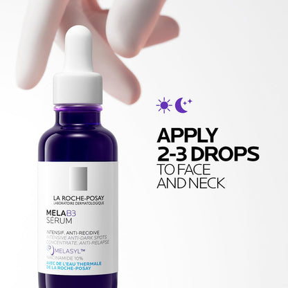 La Roche-Posay MELAB3 Serum bottle with dropper and usage instructions on a white background