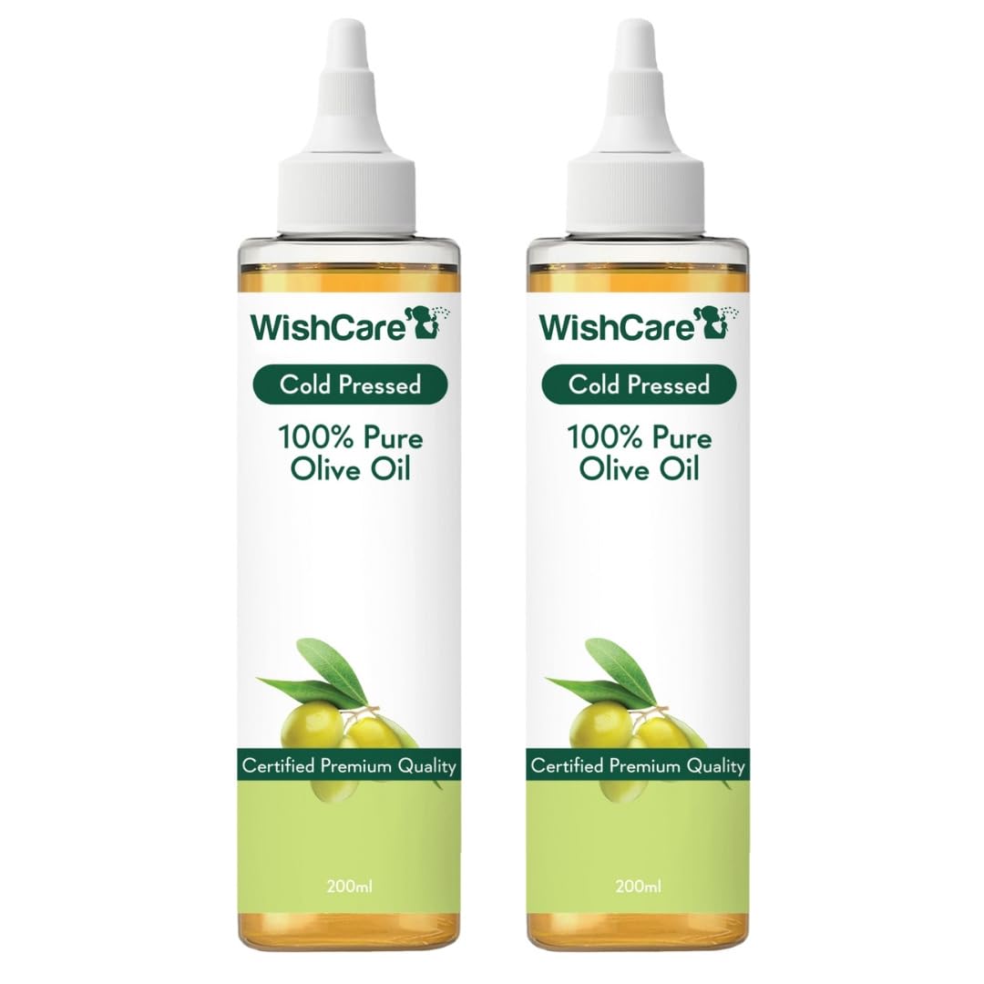 Two bottles of WishCare 100% Pure Olive Oil on a white background