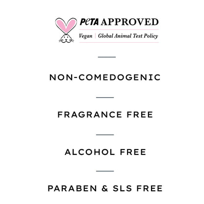 Product label with PETA approval and skincare benefits on a white background