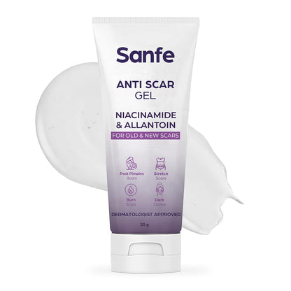Sanfe Anti Scar Gel - Niacinamide & Allantoin | Acne/Stretch/Burn scars/Dark circles removal cream | For old & new scars-20 g