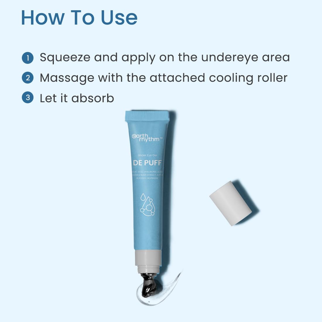 Earth Rhythm Under Eye Gel with Cooling Massage Roller for Dark Circles, Puffy Eyes and Finelines | Enriched with Kojic Acid, Hyaluronic acid | For Men & Women – 15g