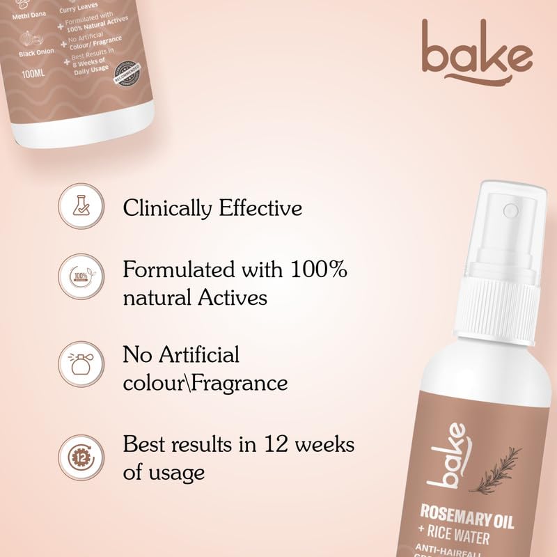 BAKE Rosemary Oil Hair Growth Serum Spray with Rice Water & Methi Dana | For Hair Fall, Hair Regrowth & Keratin Treated | Strengthen Hair Follicles | For Women & Men | 100ml
