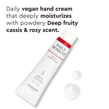 Daily vegan hand cream with text describing its moisturizing properties and scent on a white background