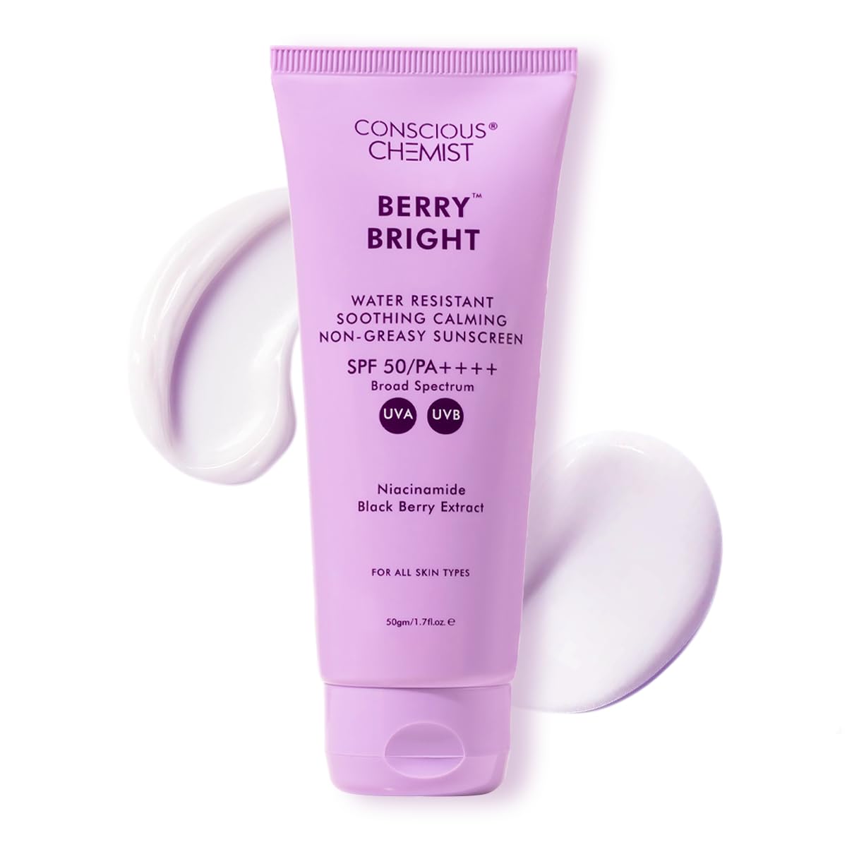 Tube of Conscious Chemist Berry Bright sunscreen on a white background