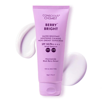 Tube of Conscious Chemist Berry Bright sunscreen on a white background