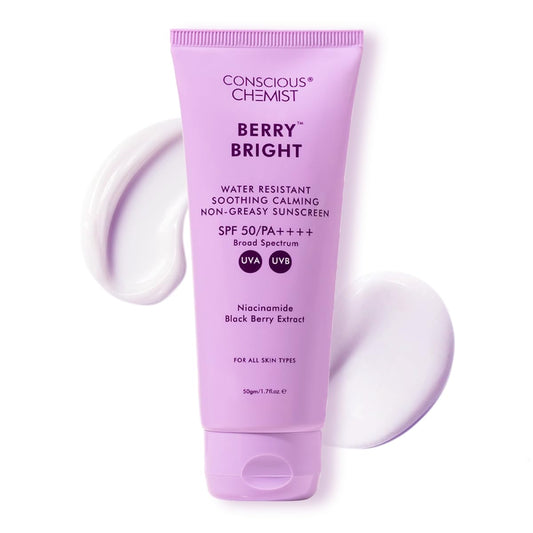 Tube of Conscious Chemist Berry Bright sunscreen on a white background