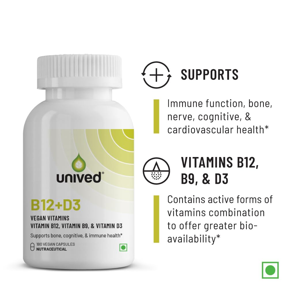 Zephivo Unived B12+D3 | Methylcobalamin (98%), Methyltetrahydrofolate (5-MTHF), Vitamin D3 (Cholecalciferol) | Bone, Cognitive, Immune, & Cardiovascular Support | 180 Vegan Capsules
