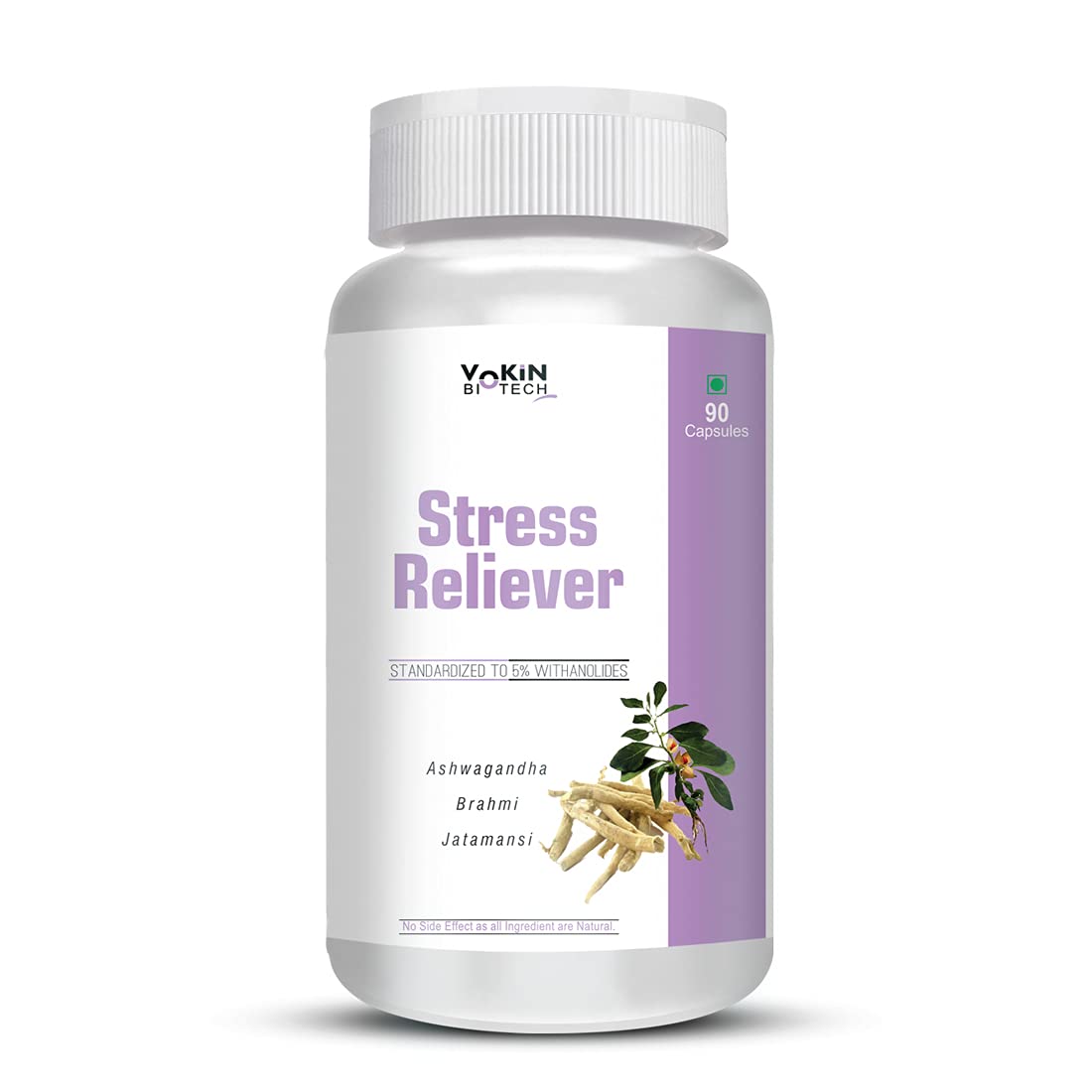 Supplement bottle labeled 'Stress Reliever' with white and purple design on a white background