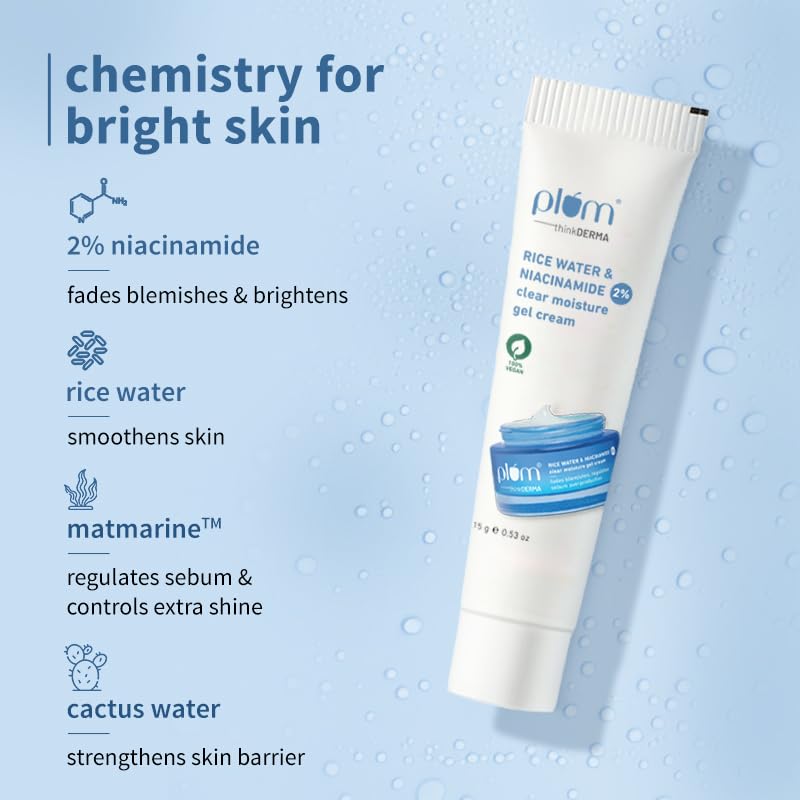 Plum 2% Niacinamide & Rice Water Superlight Gel Cream Moisturizer for Face | Oil-Free Hydration | Brightens, Fades Blemishes | Dermat-Tested | All Skin Types | Women & Men | 100% Vegan | 15 g