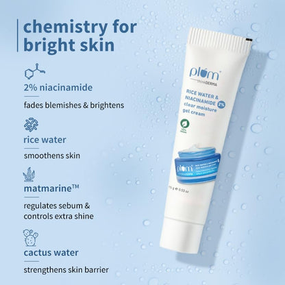 Plum 2% Niacinamide & Rice Water Superlight Gel Cream Moisturizer for Face | Oil-Free Hydration | Brightens, Fades Blemishes | Dermat-Tested | All Skin Types | Women & Men | 100% Vegan | 15 g