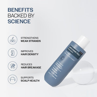 Shampoo bottle with benefits listed on a white background