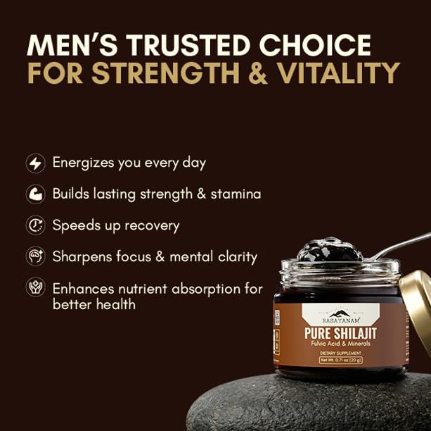 Jar of Pure Shilajit with promotional text on a dark background