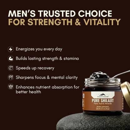Jar of Pure Shilajit with promotional text on a dark background