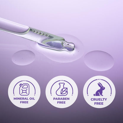 Glass dropper with clear liquid on a purple background, featuring icons for mineral oil free, paraben free, and cruelty free.