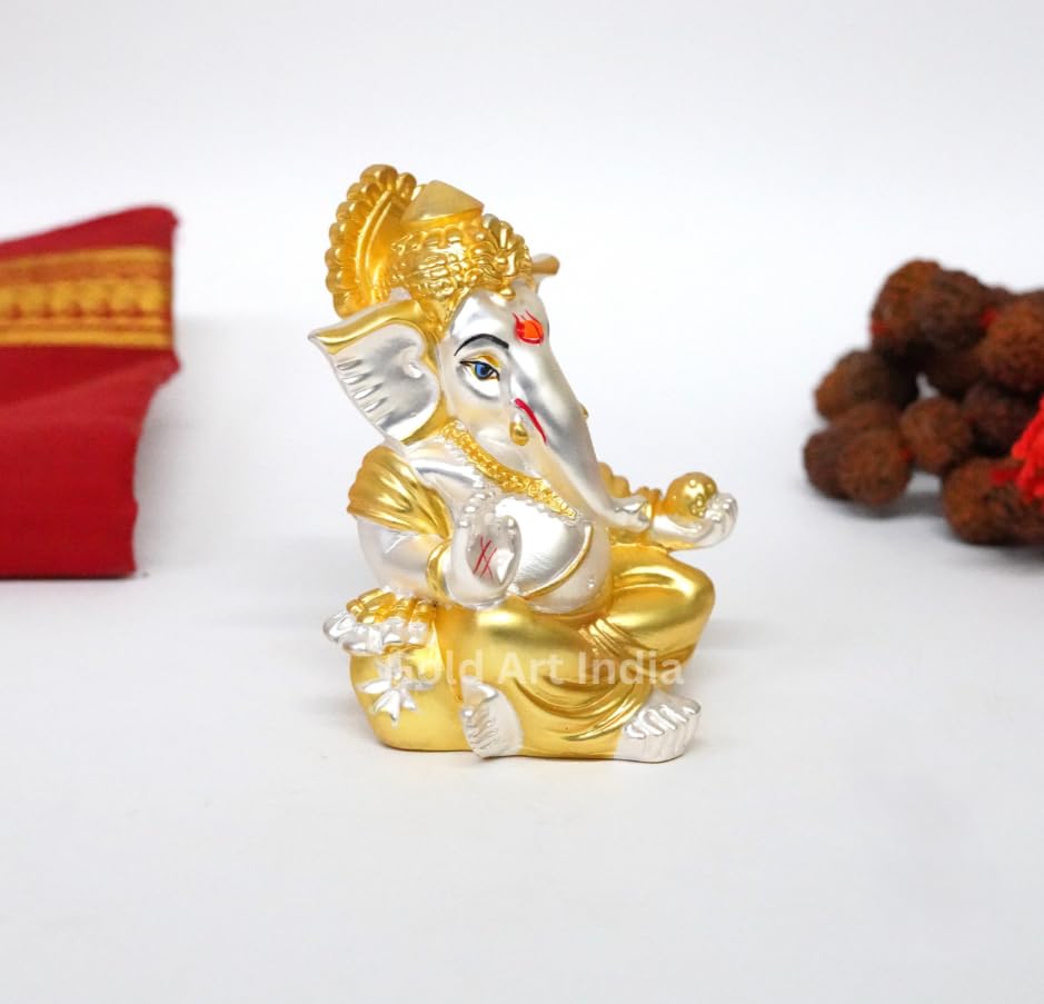 Gold Art India Gold and Silver Plated Matte Finish Ganesh Idol For Car Dashboard Ganesha Murti Ganpati Idol For Home Decor Puja Lord Ganesh Statue Gift For Office Desk Puja Room Figurine, 3 x 3 inches