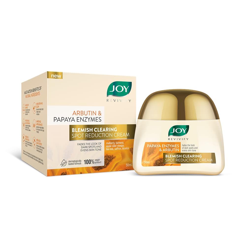 Joy Revivify Arbutin & Papaya Enzymes Blemish Clearing Spot Reduction Cream | Skin Brightening Cream| Soothing | Anti-ageing properties | Pollution defense – 50 ml