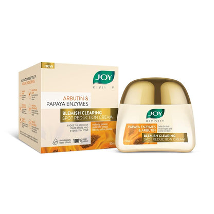 Joy Revivify Arbutin & Papaya Enzymes Blemish Clearing Spot Reduction Cream | Skin Brightening Cream| Soothing | Anti-ageing properties | Pollution defense – 50 ml