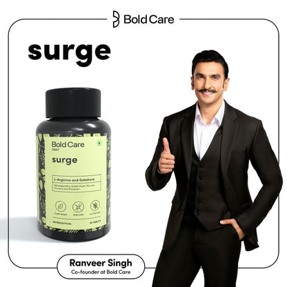 Man in a suit standing next to a bottle of Bold Care surge supplement with the brand's logo and name displayed.