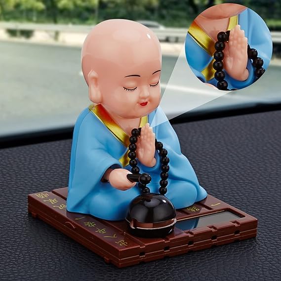 Medium Solar Powered Sitting Buddha Statue - Shaking Head Buddha Monk Statue for Car Dashboard, Home & Office Health Wealth & Prosperity, Peaceful Meditation Ornament (1Pc-Blue)