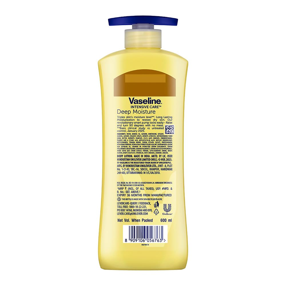 Vaseline Deep Moisture Body Lotion with Ceramide Hyaluron Fillers | 10X More Moisture for Cushion Soft Glowing Skin | For Dry Skin | Lightweight Non-Sticky Formula | 600ml