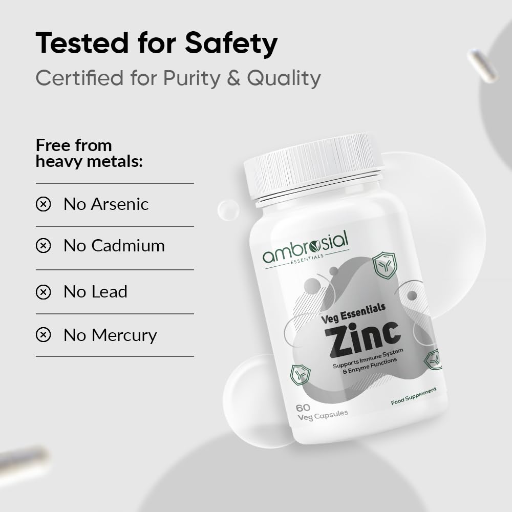 Ambrosial Zinc supplement bottle with safety certification details on a light gray background