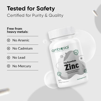 Ambrosial Zinc supplement bottle with safety certification details on a light gray background